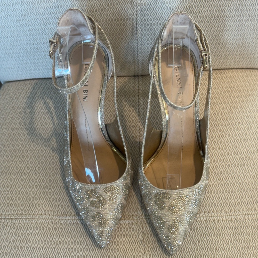 Gianni Bini Gold Glitter Pointed Toe Ankle-Strap Heels